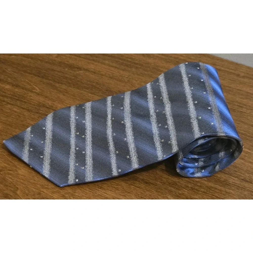Bachrach‎ Shimmery Blue Gray Striped Dotted 100% Silk Men's Necktie 60